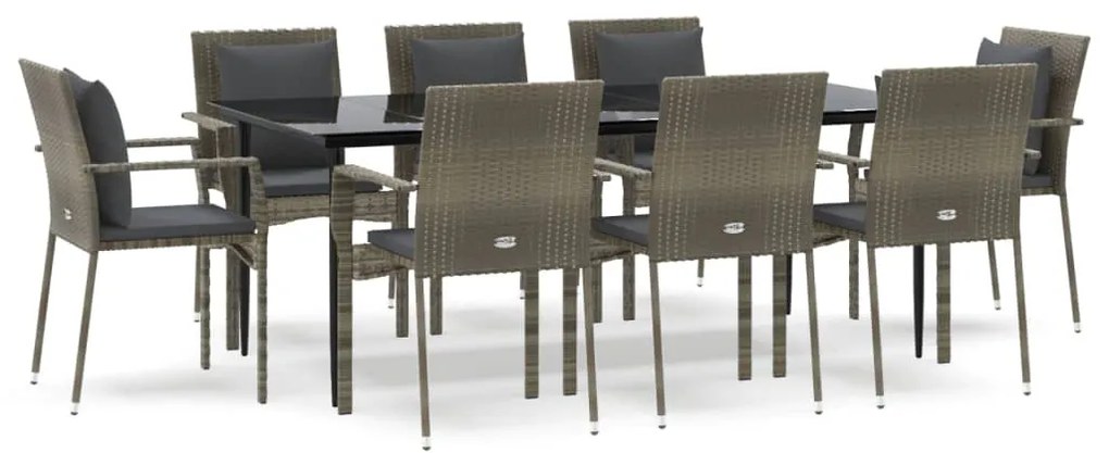 Set da pranzo giardino 9pz con cuscini nero e grigio polyrattan