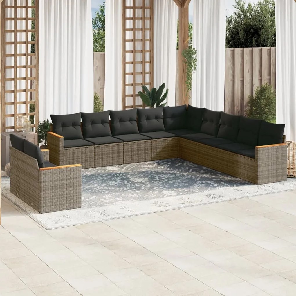 Set Divani da Giardino 11 pz con Cuscini in Polyrattan Grigio