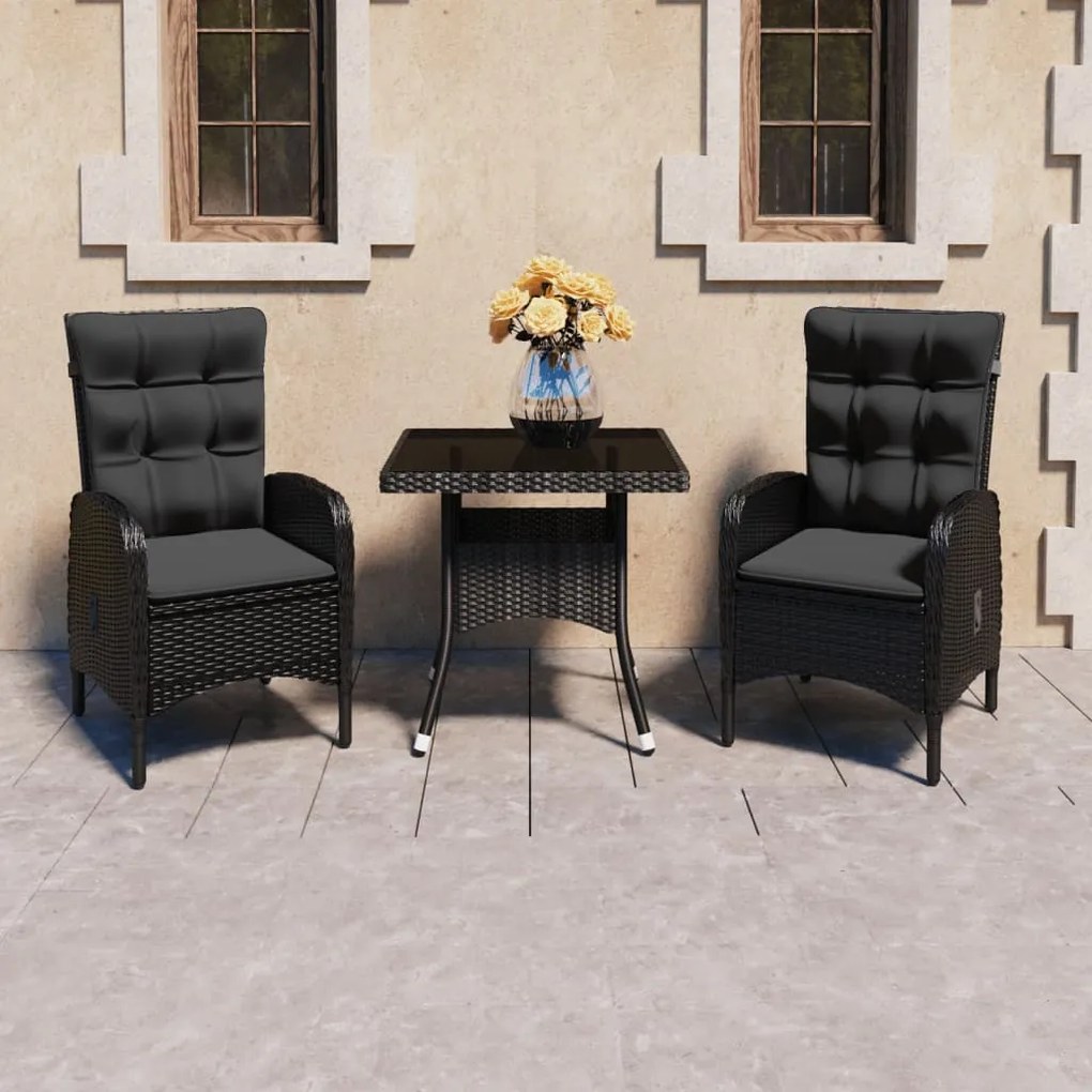 Set Mobili Da Pranzo Per Giardino 3 Pz Polyrattan E Vetro Nero /