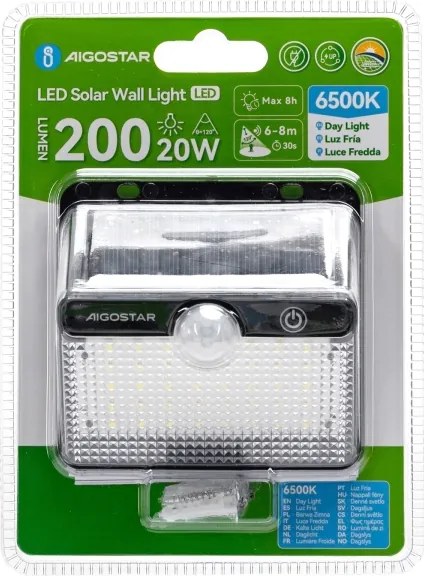 Aigostar-LED Lampada solare con sensore LED/3,7V 6500K 1200 mAh IP65 nera