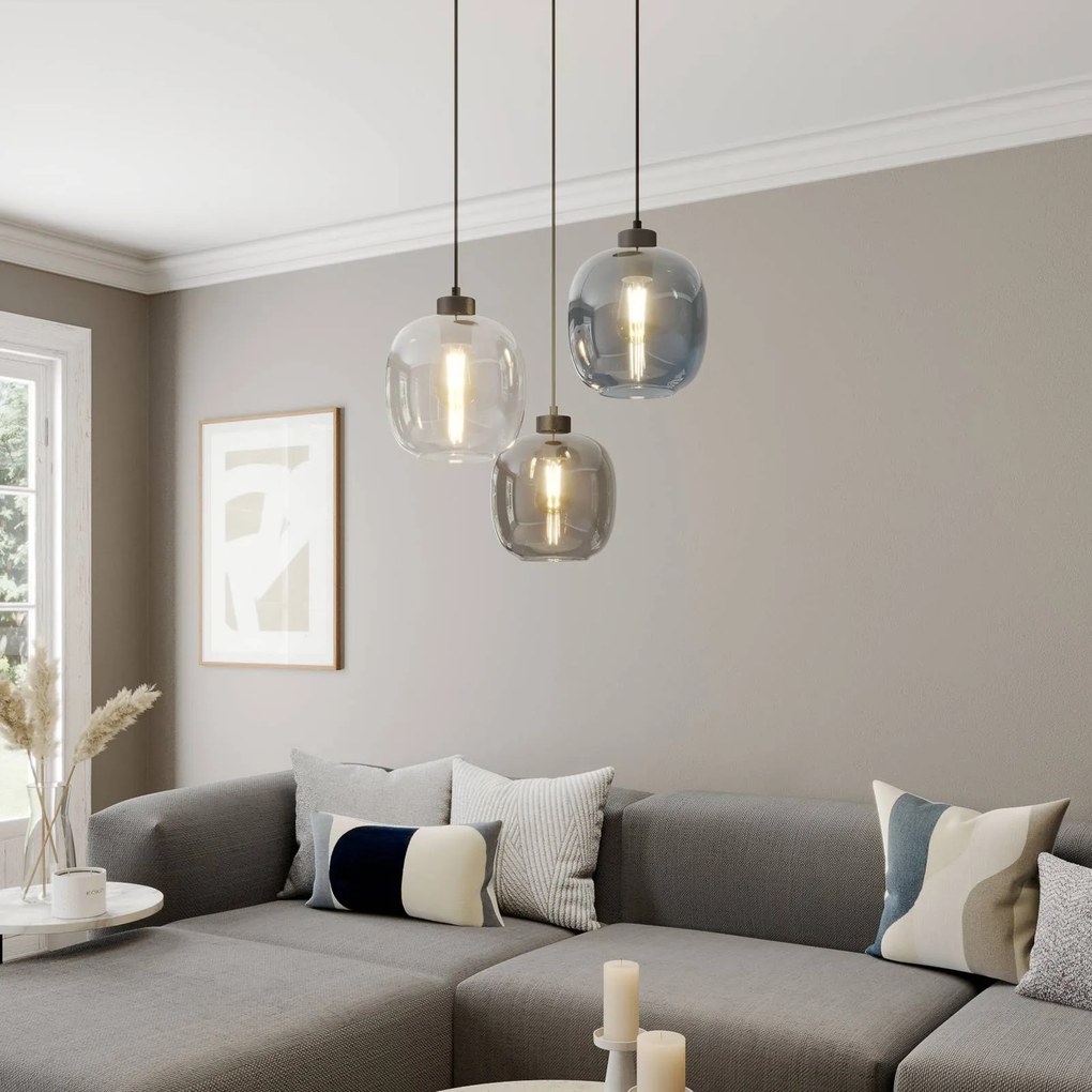 Euluna Sospensione Elio, 3 luci, blu/trasparente/grigio