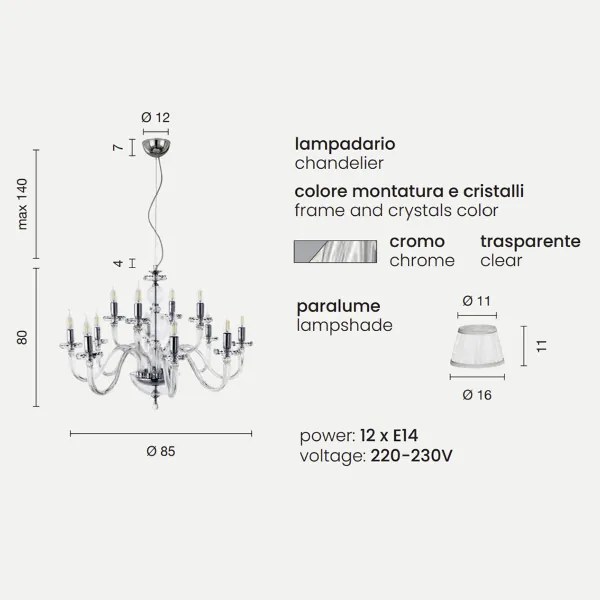 Lampada a sospensione D85 cm BACH con paralume in vetro trasparente 12 LUCI CROMO