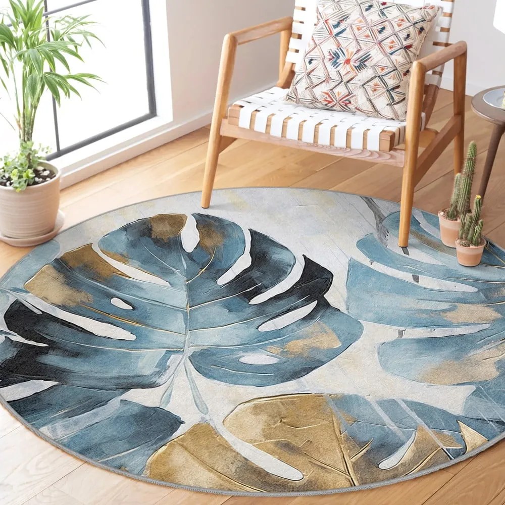 Tappeto rotondo blu lavabile ø 150 cm Golden Leaves – Mila Home