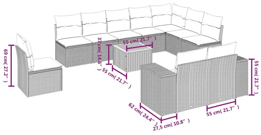 Set Divani da Giardino 11 pz con Cuscini in Polyrattan Grigio