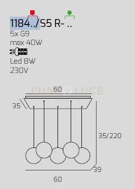 Sospensione cromo 5 luci rettangolare vetri 2x tr + 3x am 1184cr-s5...