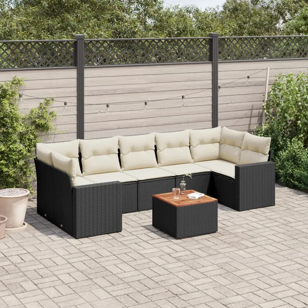Set divani da giardino con cuscini 8 pz nero in polyrattan