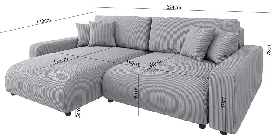 Divano letto in velluto a coste grigio chiaro (penisola variabile) Sara - Ropez