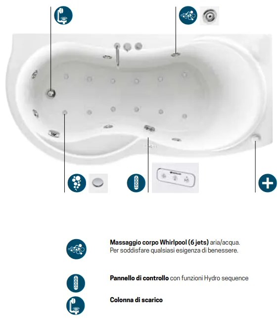 Vasca idromassaggio angolare 170x70 sinistra con telaio colonna di scarico 1 pannello bianco Venus Novellini