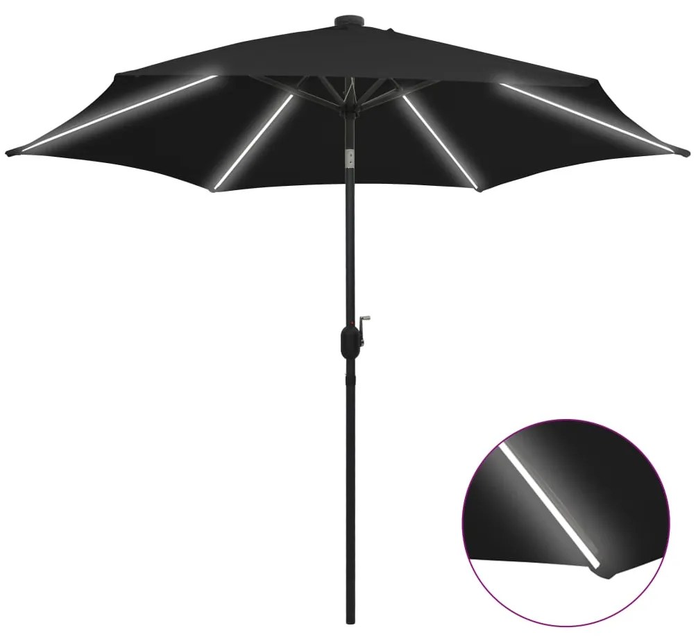 Ombrellone Con Luci A Led E Palo Alluminio 300 Cm Nero /