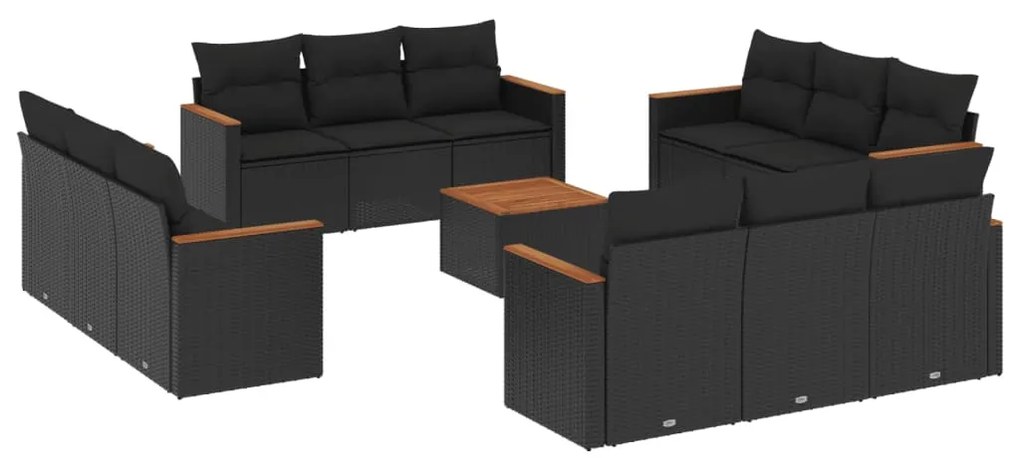 Set divani da giardino 13pz con cuscini nero in polyrattan