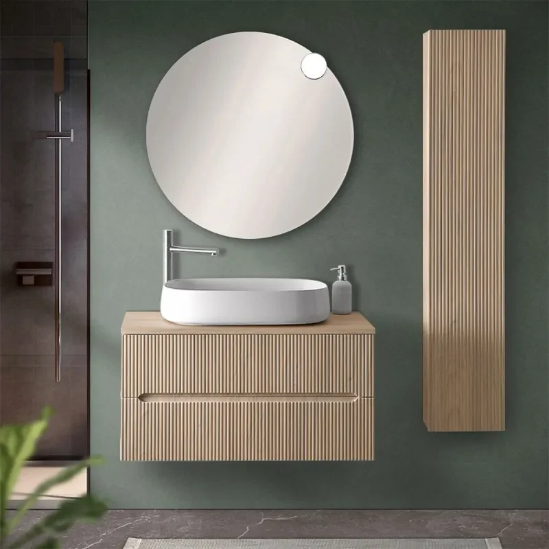 Mobile bagno sospeso cannettato 90 cm noce canaletto con specchio, Bali