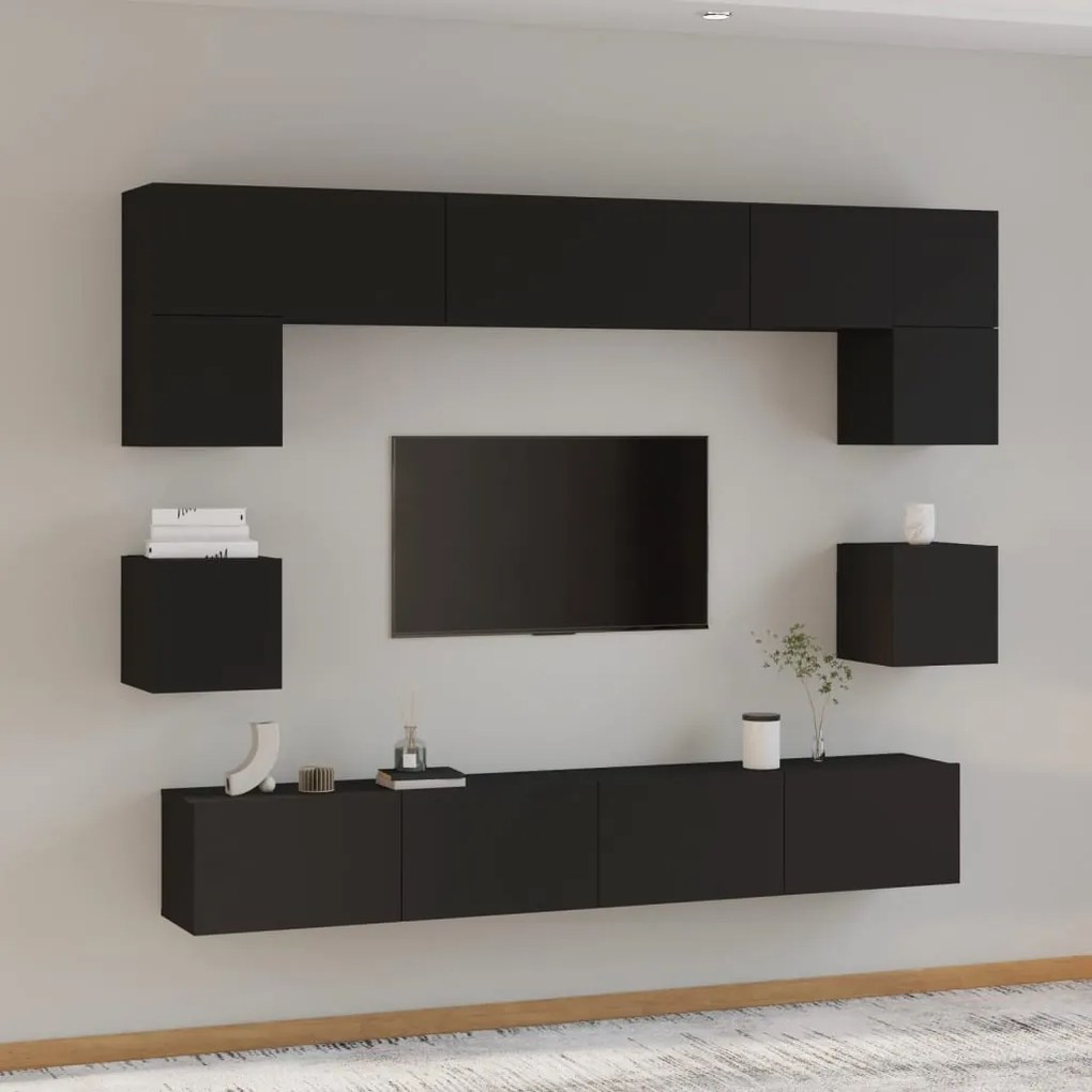 Set Mobili Porta Tv 8pz Nero İn Legno Multistrato /