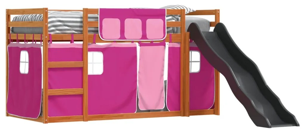 Letto a castello con scivolo e tende rosa 90x200 cm