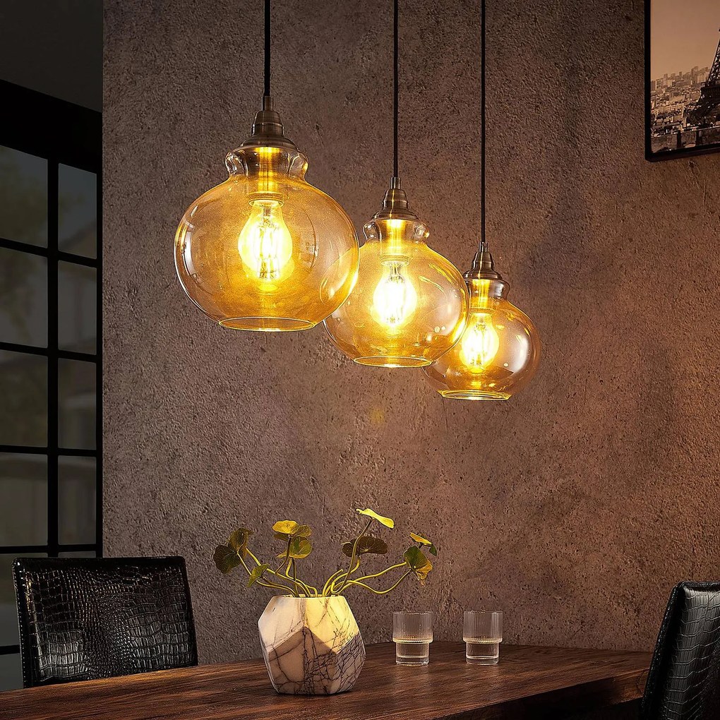 Lampada a sospensione Tymoni Lindby, dimmerabile, Crema / Ambra, Soggiorno / Sala da pranzo, Vetro, Vintage, Lampada a sospensione