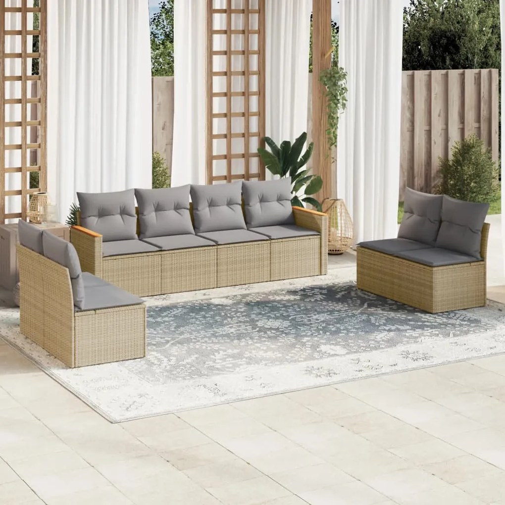 Set divano da giardino 8 pz con cuscini beige misto polyrattan