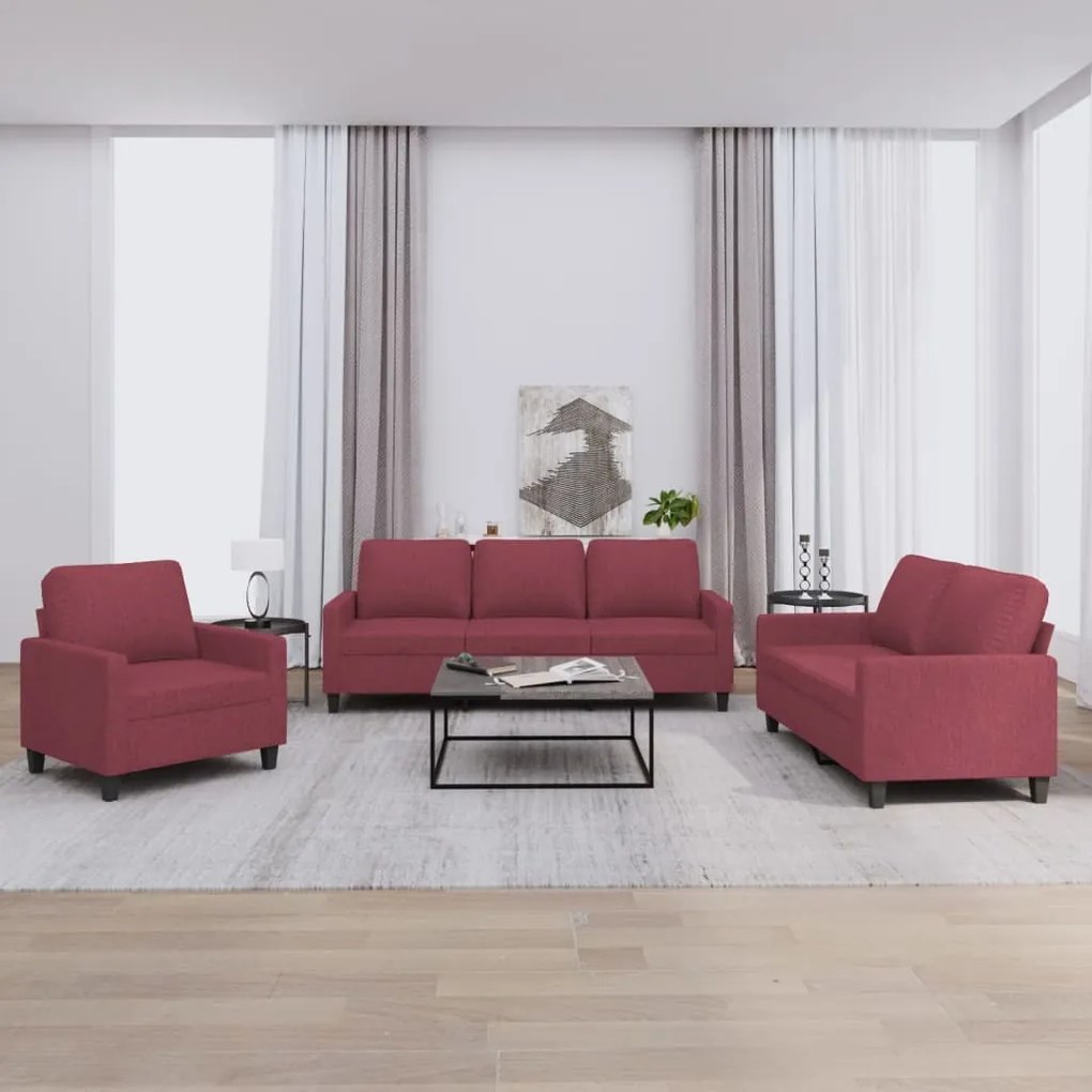 Set Di Divani 3 Pz Con Cuscini Rosso Vino İn Tessuto /