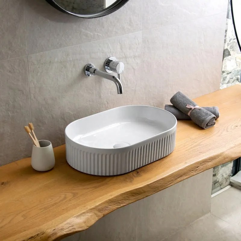 Kamalu - lavabo bagno appoggio ovale 50 cm scanalato a righe | kls-5000