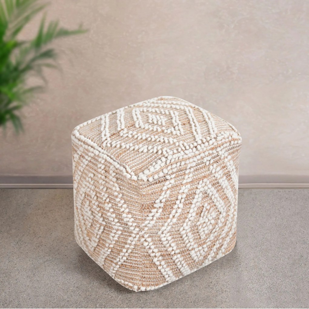 MEGAN - pouf in lana avorio con decoro 40 x 40