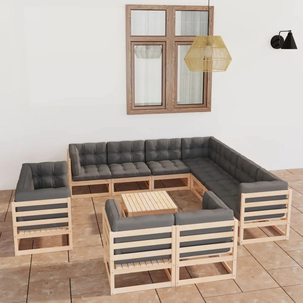 Set Divani Giardino 12 pz con Cuscini in Legno Massello di Pino