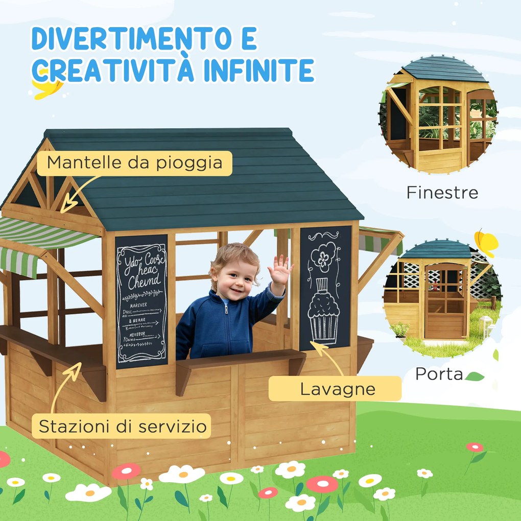 Casetta per Bambini 3-8 Anni 173x117x144 cm con 5 Finestre e 2 Lavagne in Legno di Abete Marrone e Blu...