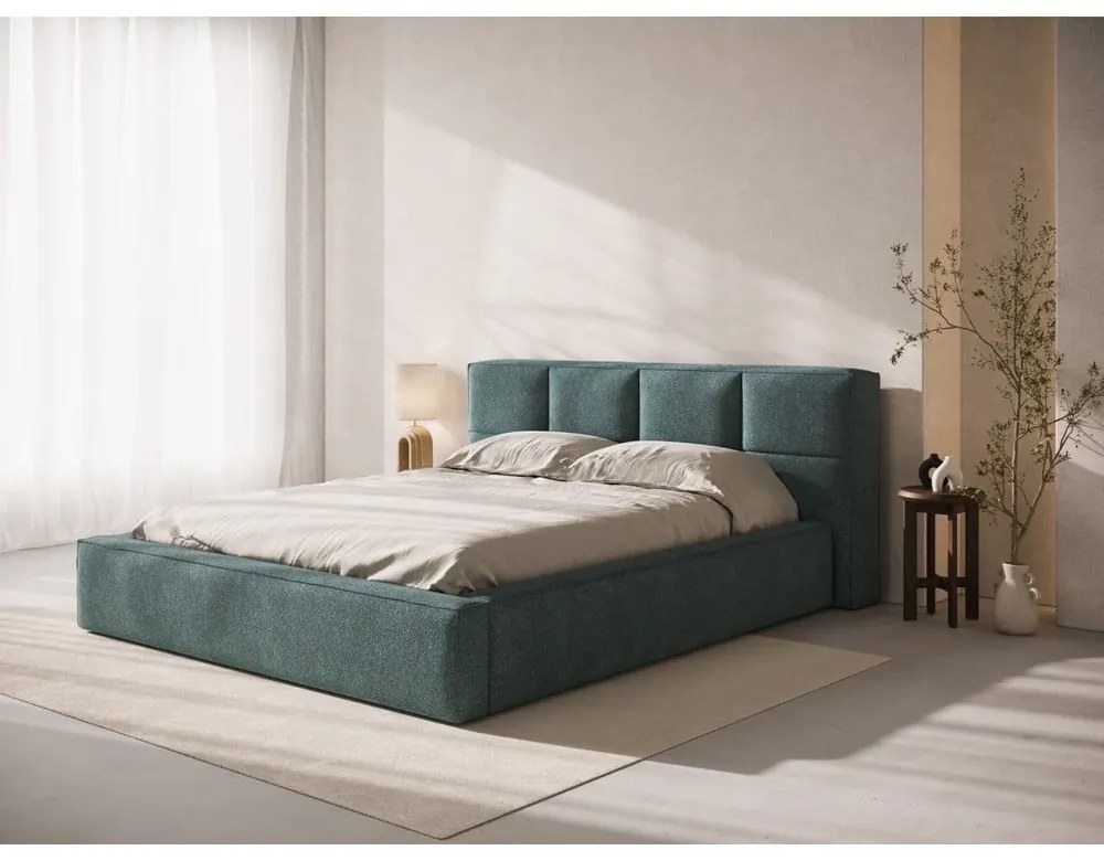 Letto matrimoniale imbottito blu con contenitore con rete inclusa 140x200 cm Simon Darren – Micadoni