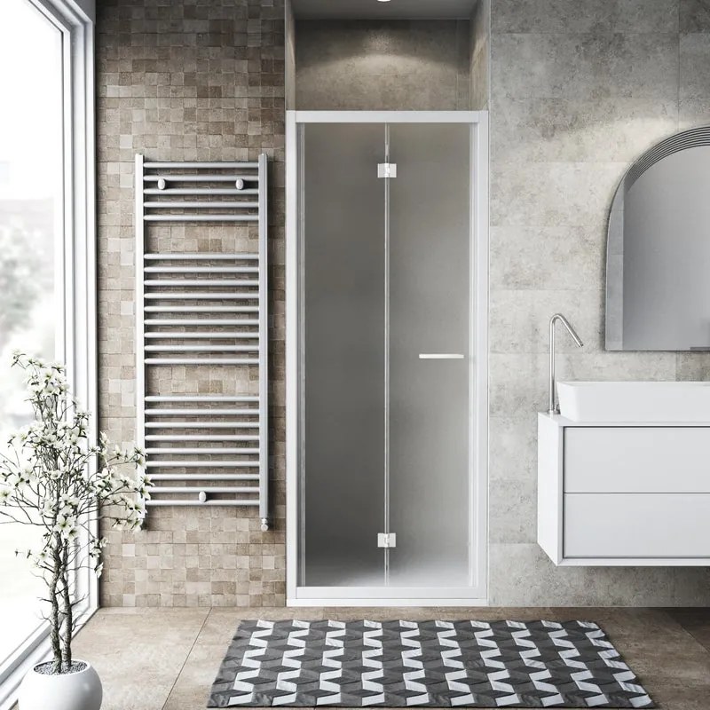 Porta doccia pieghevole L 77-81 cm x H 195 cm per nicchia in vetro smerigliato SP. 6 mm, profilo opaco bianco, serie Record