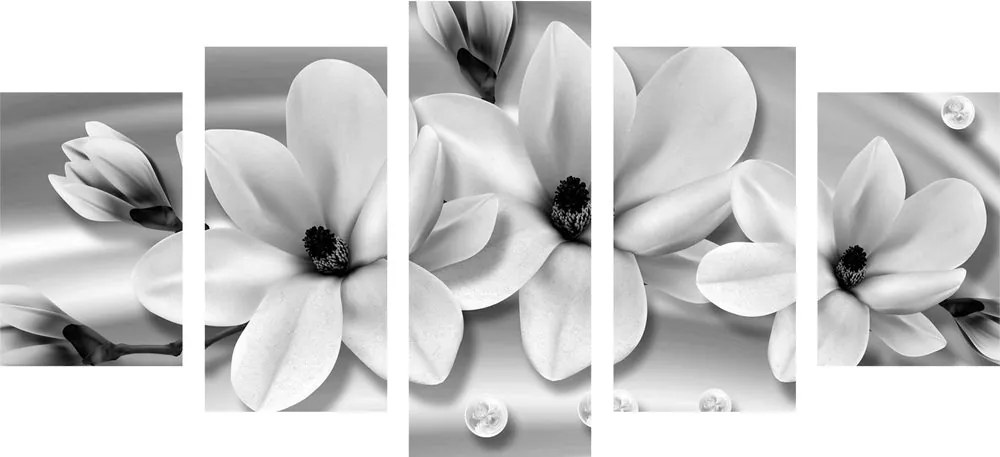 Quadri 5 pezzi – Magnolia di lusso con perle in bianco e nero