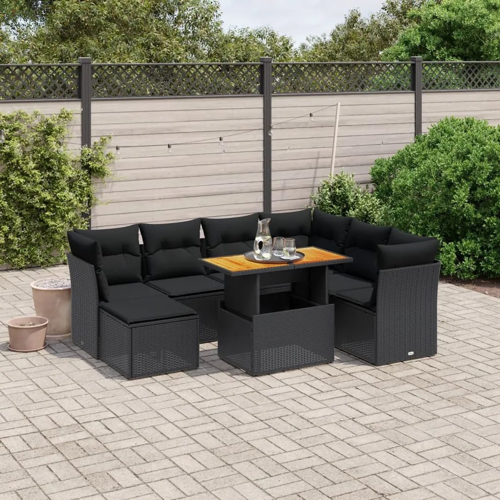 Set divani da giardino con cuscini 8 pz nero in polyrattan