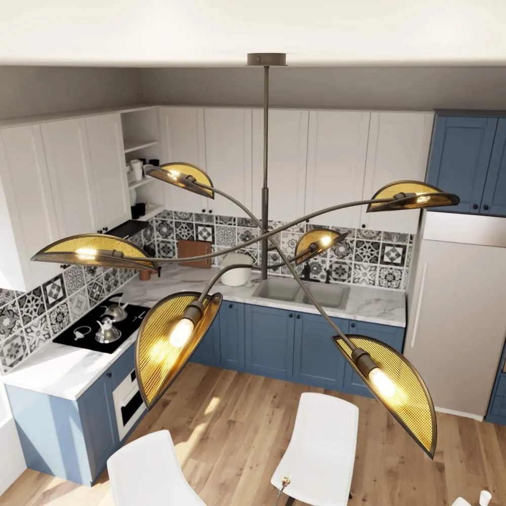 Lampadario a Sospensione in Acciaio e Tessuto LOTUS 6 Nero 6xE14 Colore del corpo Nero e Oro