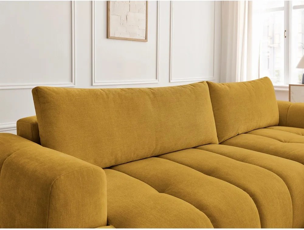 Divano angolare color senape allungabile e con contenitore (penisola a destra/chaise lounge) con rivestimento in ciniglia Fuji – Bobochic Paris