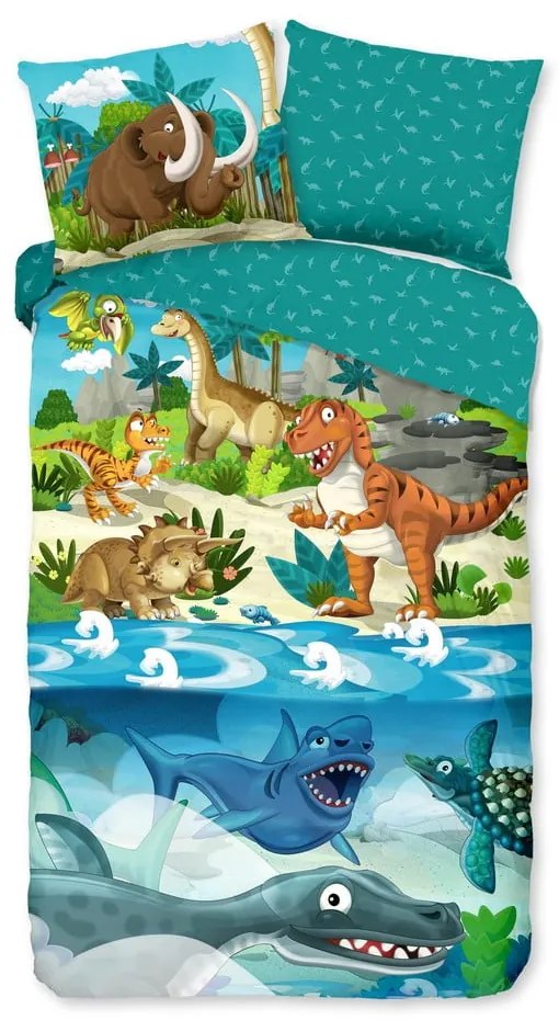 Set copripiumino e federa da bambini blu in cotone per letto singolo ed esteso 140x220 cm Prehistoric – Good Morning