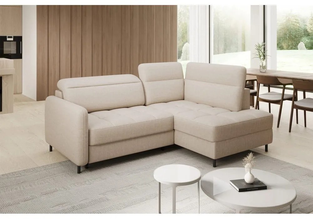 Divano angolare beige allungabile/con contenitore (con penisola a destra/a L) e rivestimento in velluto Barea – ELTAP