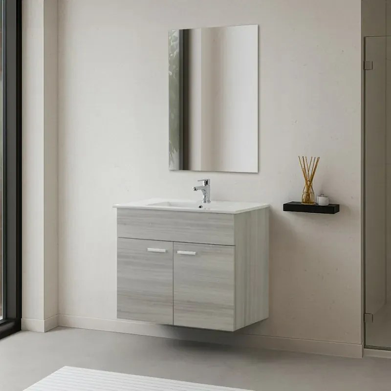 Mobile bagno sospeso 80 cm grigio in legno nobilitato melaminico con due ante, lavabo e specchio