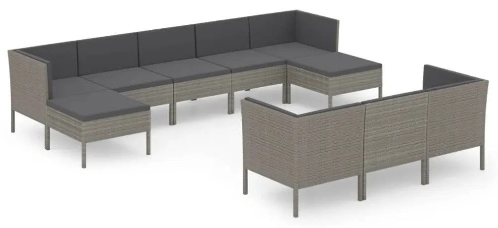 Set divani da giardino 10 pz con cuscini in polyrattan grigio