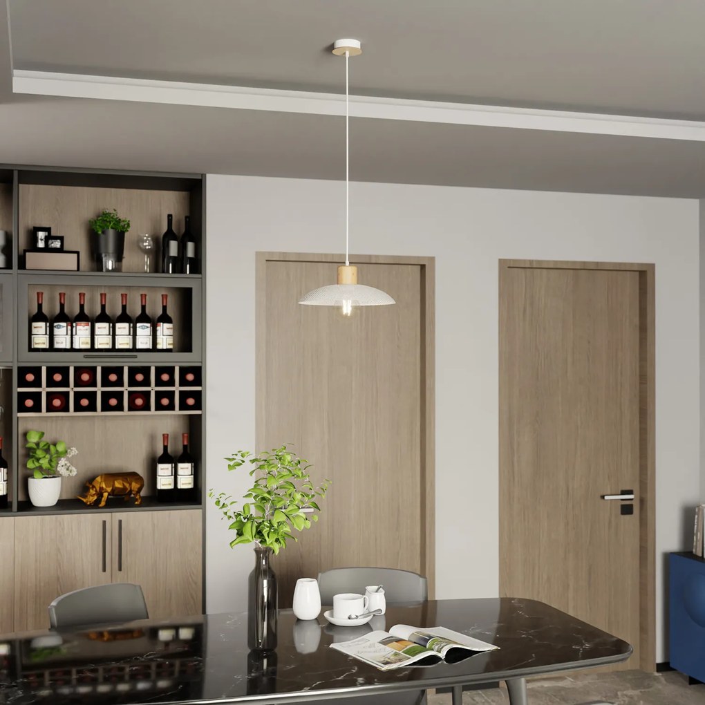 Sospensione Nordica Ishtar 1 Luce In Legno E Acciaio Bianco