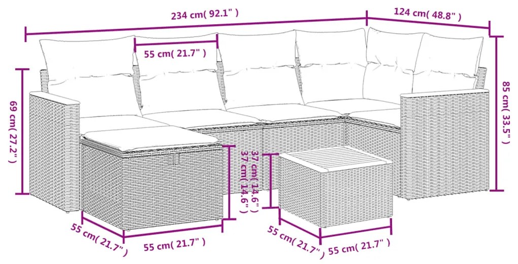 Set divani da giardino con cuscini 7pz nero polyrattan