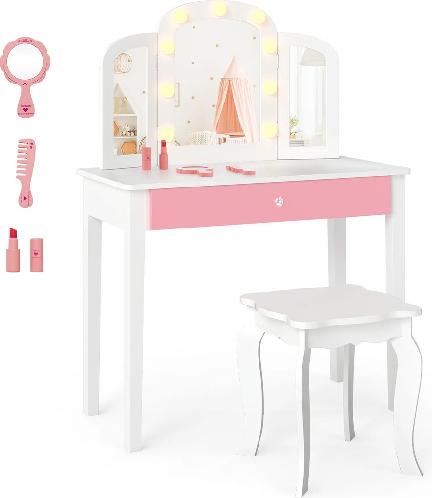 Costway Set tavolo trucco bambini 2 in 1 principessa specchio 3 pieghe luci led, Set sgabello legno bambine 3+ anni gioco creativo regalo 2 Colori