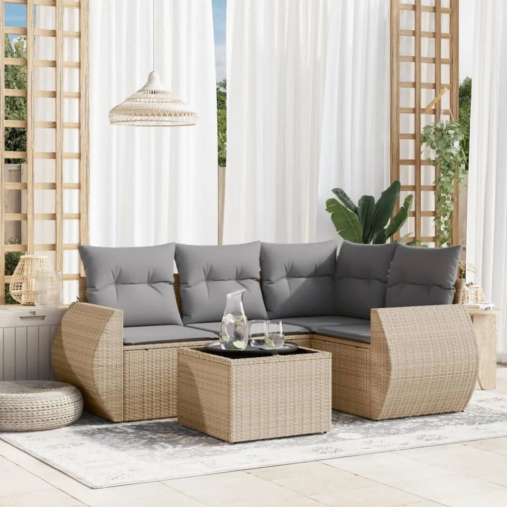 Set Divano da Giardino 5 pz con Cuscini Beige in Polyrattan