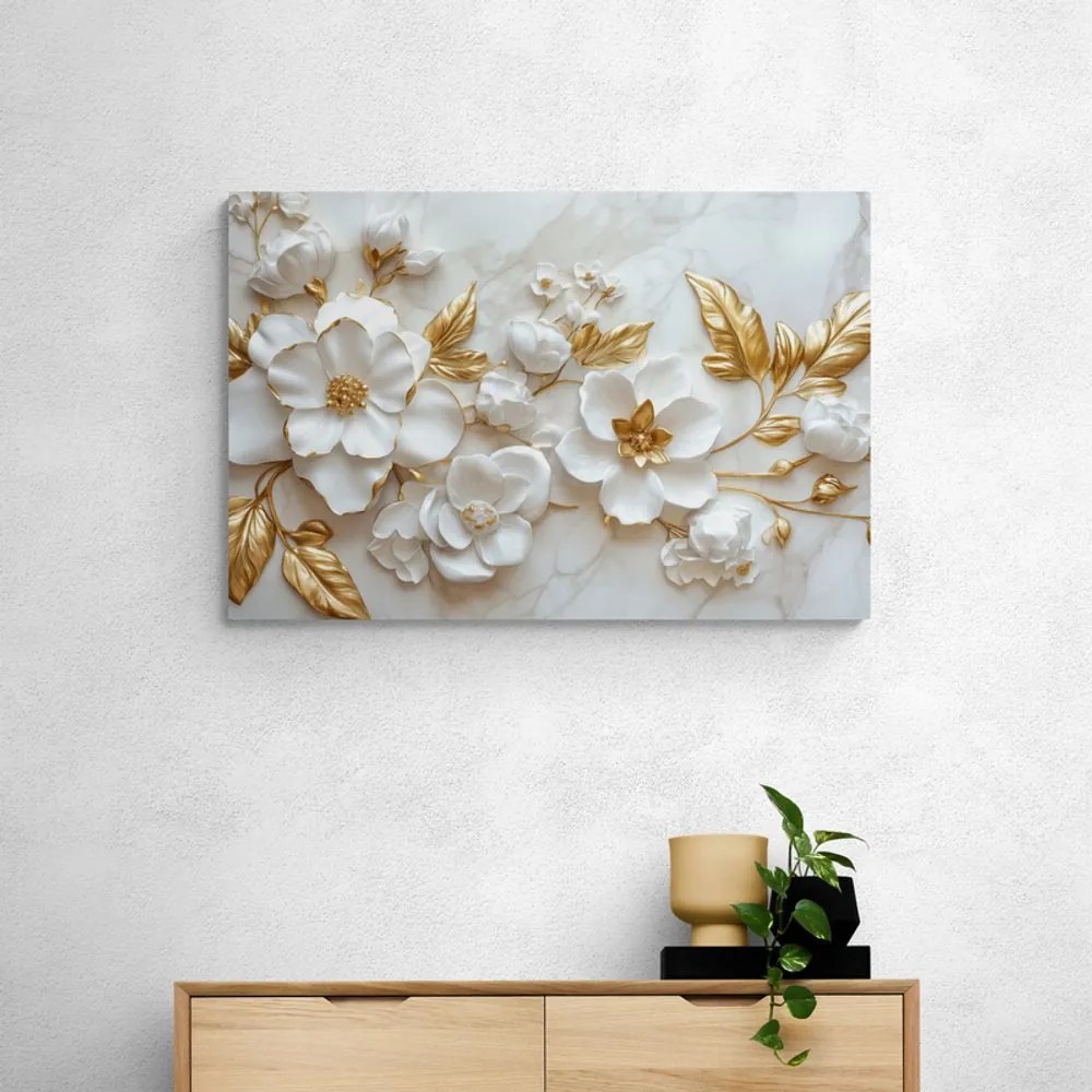Quadro su tela – Fiori 3D con foglie dorate