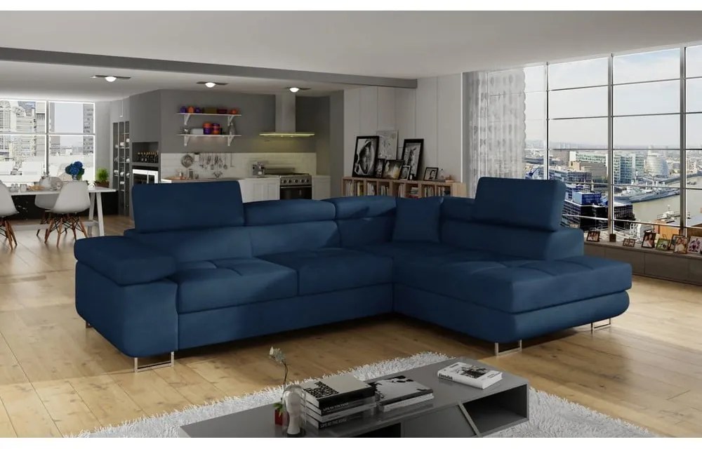 Divano angolare blu allungabile/con contenitore (con penisola a destra/a L) e rivestimento in velluto Anton – ELTAP