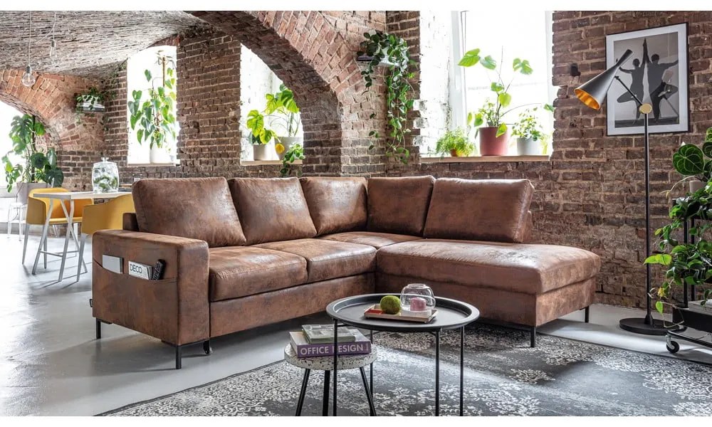 Divano letto angolare in similpelle marrone (angolo destro) Lofty Lilly - Miuform