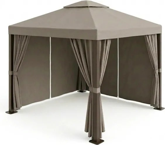 Gazebo In Alluminio 3x4 Con Tende Laterali Struttura Marrone Telo Tortora Romance
