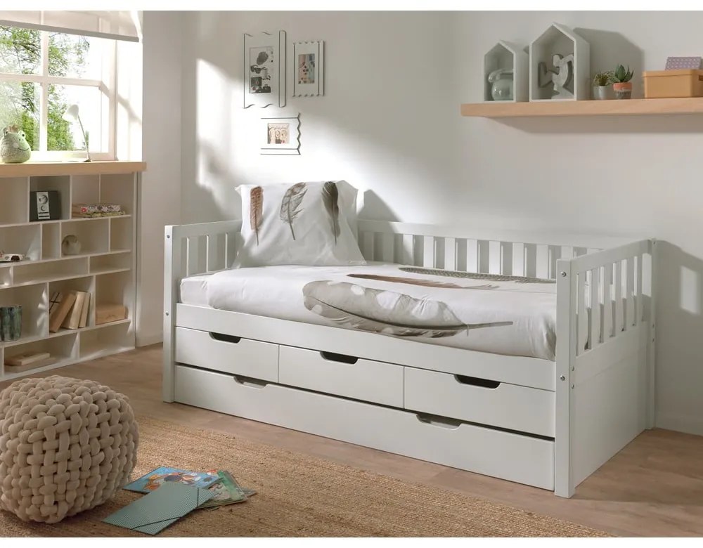 Letto da bambini estraibile bianco in pino massiccio con contenitore con rete inclusa 90x200 cm Fritz – Vipack