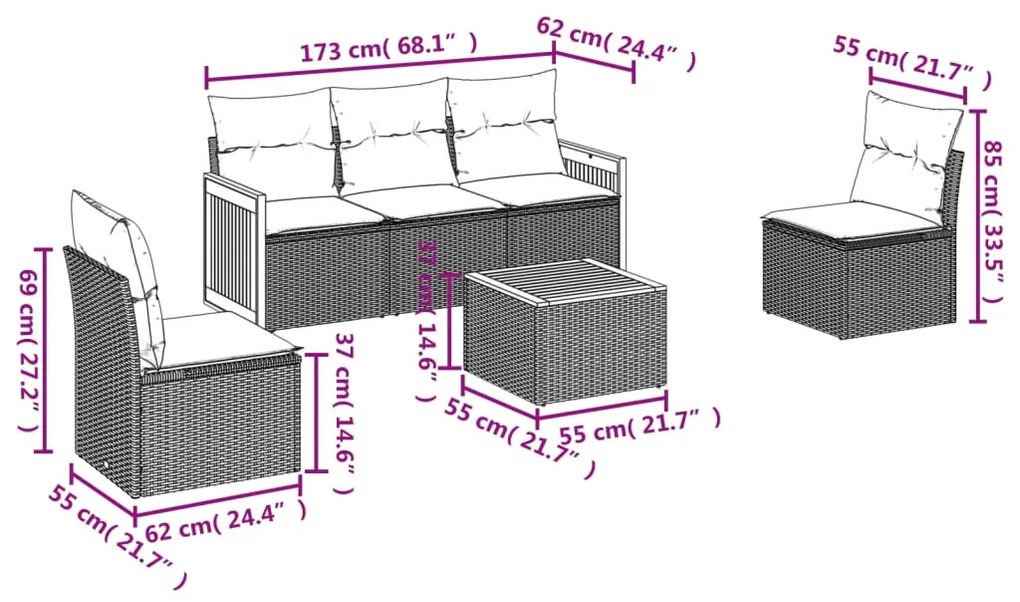 Set divano da giardino 6 pz con cuscini beige in polyrattan