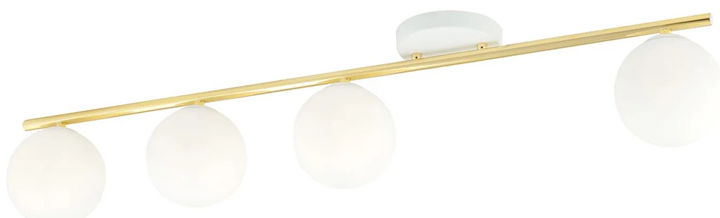 Plafoniera Contemporanea 4 Luci Achille In Acciaio Oro E Sfere Vetro Bianco