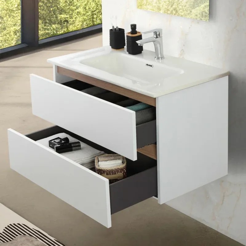 Mobile bagno sospeso 80 cm bianco e rovere con cassetti soft-close Kleo