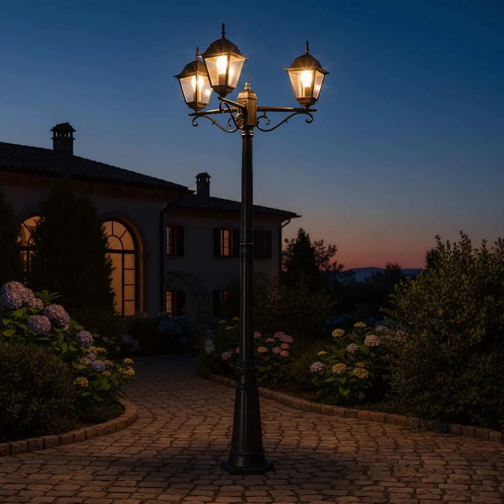 Lampione Storico con 3 Lanterne 200cm E27 IP54 Nero - Serie ALFIERI