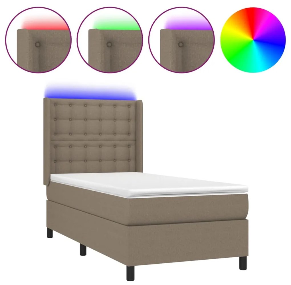 Letto a molle con materasso e led tortora 90x200 cm in tessuto