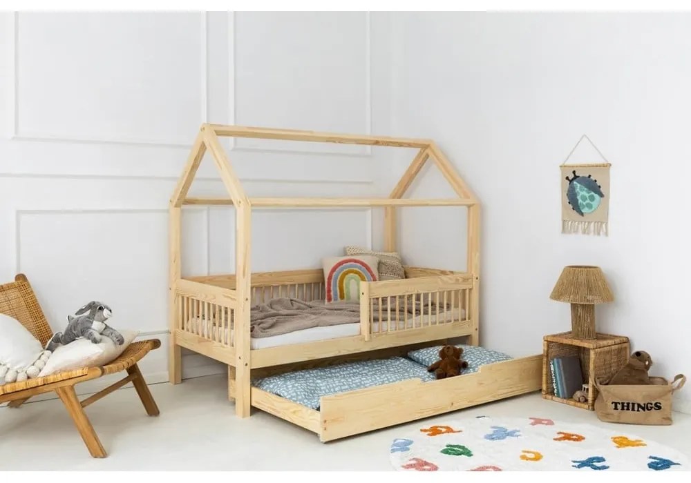 Letto da bambini a forma di casa/estraibile di colore naturale in pino massiccio con contenitore con rete inclusa 90x140 cm MBW – Adeko