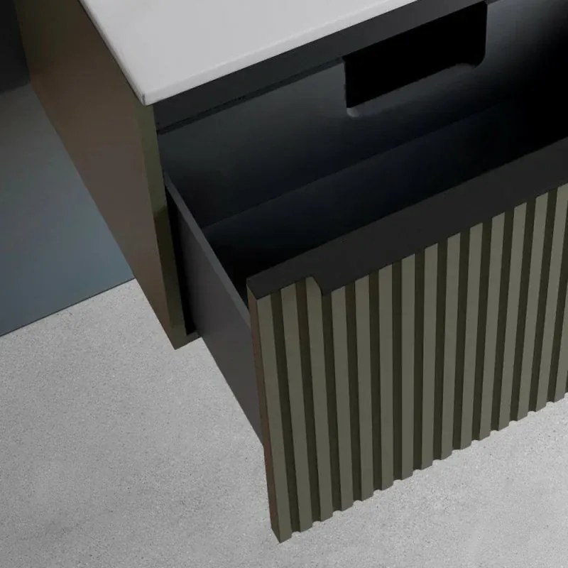 Mobile bagno sospeso 100 cm verde opaco cannettato con cassetto, specchio e lavabo Nara